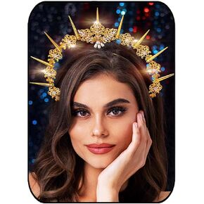 Formery Spikes Mary Halo Crown Gold Rhinestone Leaves Goddess Halo Headband Halloween Festival Photo-shoot Stars Pearl Halo Headpiece for Women and Girls