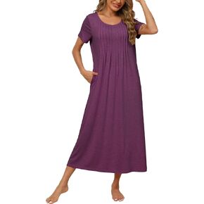 Women's Long Nightgown Short Sleeve Loungewear Pleated Front Nightshirt with Pockets