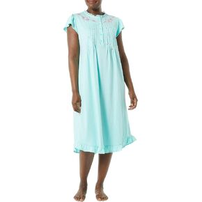 AmeriMark Women's Embroidered Knit Night Gown Long Partial Button Front Dress - Mid Calf Plus Size