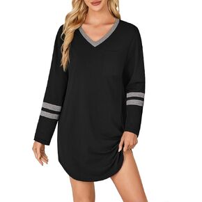 KIFOVEN Women's Cotton Nightgown V Neck Long Sleeve Sleepshirt Casual Nightshirt Nightdress Sleepwear