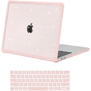 MOSISO Compatible with MacBook Pro 13 inch Case M2 2025-2016 A2338 M1 A2251 A2289 A2159 A1989 A1708 A1706, Anti-Cracking Heavy Duty Glitter Plastic Hard Case with TPU Bumper&Keyboard Cover, Pink
