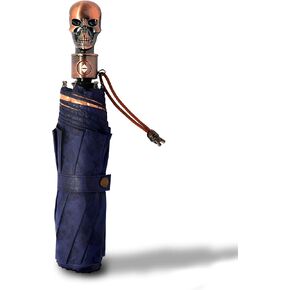 Gothic Skull Umbrella Compact Portable Automatic Folding with Golden Skull Handle Dark Blue with Gold UV Coating