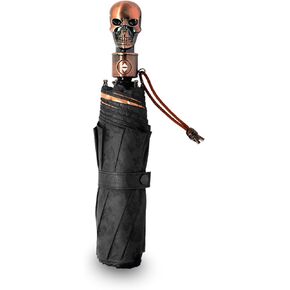 Gothic Skull Umbrella Compact Portable Automatic Folding with Golden Skull Handle Dark Blue with Gold UV Coating