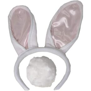 White & Pink Bunny Ears Headband with Fluffy Tail