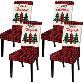 Christmas Dining Chair Covers Stretch Removable Washable Dining Room Chair Protector Slipcovers Red Buffalo Plaid Merry Xmas Tree Kitchen Chair Cover for Xmas Holiday Party Home Kitchen Decor, 4 Pcs