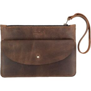 Heather's, Clutch Bag with Extra Pouch Handmade from Full Grain Leather, Wrist Wallet for Cards, Bourbon Brown