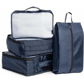 Brookstone 4-Piece Packing Cube Set Apparel Luggage Organizer and Shoe Bag, Travel Essentials, Navy