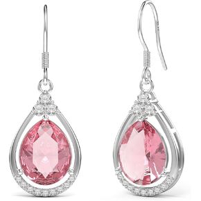 18K White Gold Plated Sterling Silver Teardrop Cubic Zirconia Drop Dangle Earrings for Women Pear Cut CZ Diamond Dangle Earrings Hypoallergenic Jewelry (Pink)