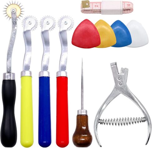 مجموعة أدوات الخياطة الجلدية المكونة من 9 قطع من Cimeton تتضمن 4 قطع أداة خياطة عجلة التتبع الملونة، 4 قطع طباشير خياط، نقش نمطي، خدش للقماش الورقي الجلدي in Kuwait