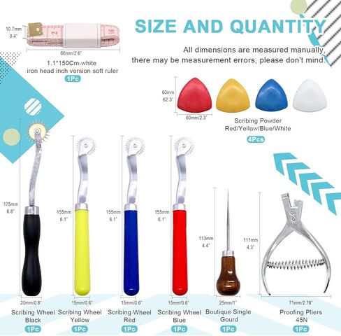 مجموعة أدوات الخياطة الجلدية المكونة من 9 قطع من Cimeton تتضمن 4 قطع أداة خياطة عجلة التتبع الملونة، 4 قطع طباشير خياط، نقش نمطي، خدش للقماش الورقي الجلدي in Kuwait