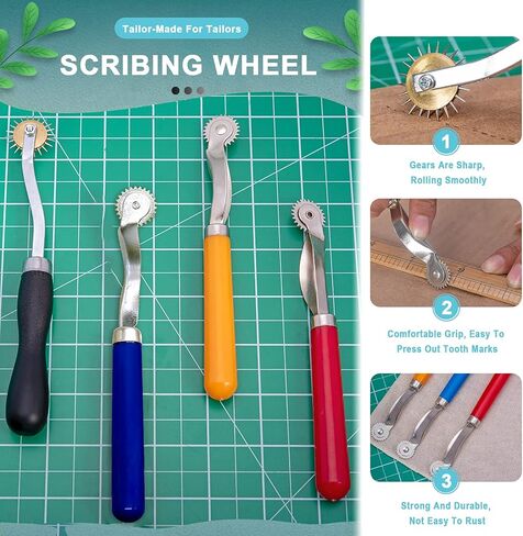 مجموعة أدوات الخياطة الجلدية المكونة من 9 قطع من Cimeton تتضمن 4 قطع أداة خياطة عجلة التتبع الملونة، 4 قطع طباشير خياط، نقش نمطي، خدش للقماش الورقي الجلدي in Kuwait