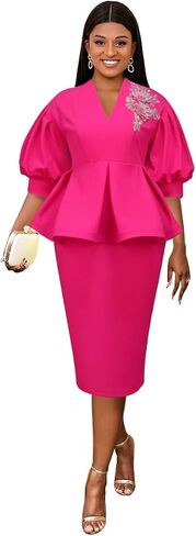 AOMEI Women's V Neck Applique Beaded Peplum Office Bodycon Midi Dress 3/4 Sleeve Business Work Pencil Dresses for Women in Kuwait
