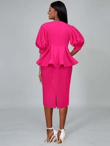 AOMEI Women's V Neck Applique Beaded Peplum Office Bodycon Midi Dress 3/4 Sleeve Business Work Pencil Dresses for Women in Kuwait