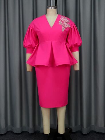 AOMEI Women's V Neck Applique Beaded Peplum Office Bodycon Midi Dress 3/4 Sleeve Business Work Pencil Dresses for Women in Kuwait