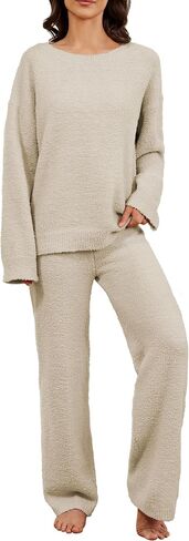 Women's 2 Piece Fuzzy Fleece Pajama Set Long Sleeve Top Fluffy Pajama Pants Matching Lounge Sets 2024 Fall Trendy in Saudi Arabia