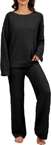 Women's 2 Piece Fuzzy Fleece Pajama Set Long Sleeve Top Fluffy Pajama Pants Matching Lounge Sets 2024 Fall Trendy in Saudi Arabia