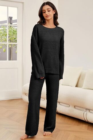 Women's 2 Piece Fuzzy Fleece Pajama Set Long Sleeve Top Fluffy Pajama Pants Matching Lounge Sets 2024 Fall Trendy in Saudi Arabia