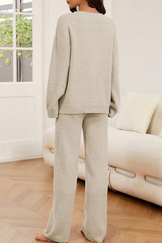 Women's 2 Piece Fuzzy Fleece Pajama Set Long Sleeve Top Fluffy Pajama Pants Matching Lounge Sets 2024 Fall Trendy in Saudi Arabia