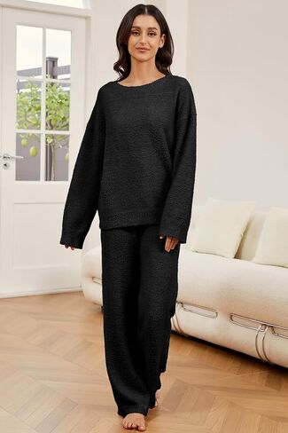 Women's 2 Piece Fuzzy Fleece Pajama Set Long Sleeve Top Fluffy Pajama Pants Matching Lounge Sets 2024 Fall Trendy in Saudi Arabia
