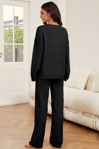 Women's 2 Piece Fuzzy Fleece Pajama Set Long Sleeve Top Fluffy Pajama Pants Matching Lounge Sets 2024 Fall Trendy in Saudi Arabia