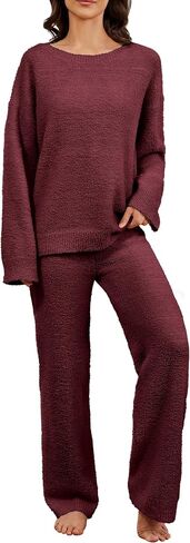 Women's 2 Piece Fuzzy Fleece Pajama Set Long Sleeve Top Fluffy Pajama Pants Matching Lounge Sets 2024 Fall Trendy in Saudi Arabia