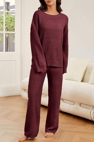 Women's 2 Piece Fuzzy Fleece Pajama Set Long Sleeve Top Fluffy Pajama Pants Matching Lounge Sets 2024 Fall Trendy in Saudi Arabia