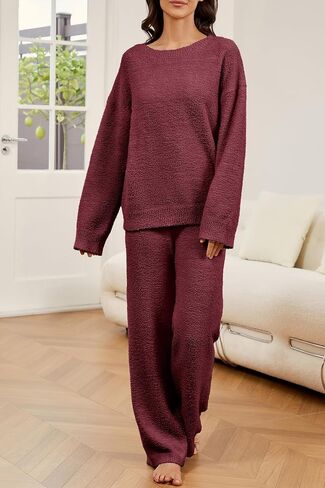 Women's 2 Piece Fuzzy Fleece Pajama Set Long Sleeve Top Fluffy Pajama Pants Matching Lounge Sets 2024 Fall Trendy in Saudi Arabia
