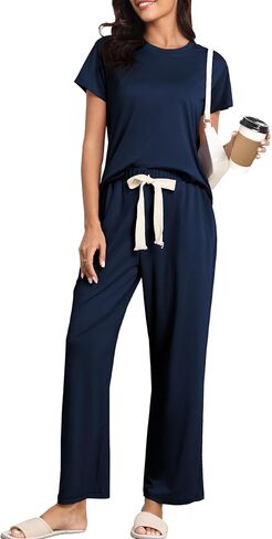 Womens Pajama Sets 2 Pieces Lounge Sets for women Short Sleeve Top with Long Pajama Pants Soft Sleepwear Pj Sets S-XL in Saudi Arabia