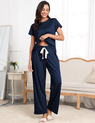 Womens Pajama Sets 2 Pieces Lounge Sets for women Short Sleeve Top with Long Pajama Pants Soft Sleepwear Pj Sets S-XL in Saudi Arabia