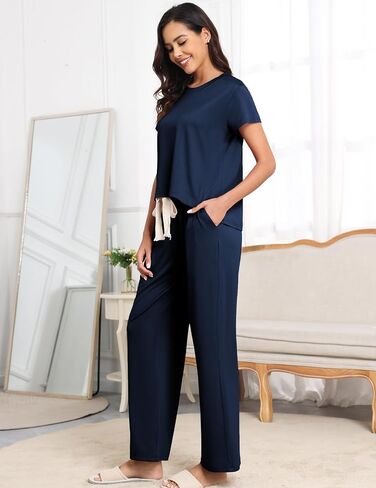 Womens Pajama Sets 2 Pieces Lounge Sets for women Short Sleeve Top with Long Pajama Pants Soft Sleepwear Pj Sets S-XL in Saudi Arabia