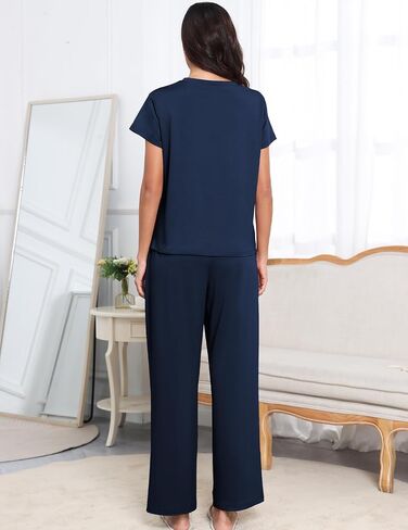 Womens Pajama Sets 2 Pieces Lounge Sets for women Short Sleeve Top with Long Pajama Pants Soft Sleepwear Pj Sets S-XL in Saudi Arabia