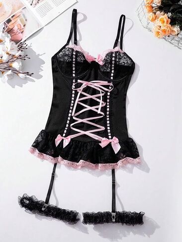Women's Sexy Lingerie Rave Outfit for Women Bows Lace Corset Top Garter Underwired Black Babydoll with Panty in Saudi Arabia