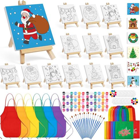 Aneco 12 Packs Mini 4 x 4 Inch Christmas Canvases for Painting with Easels Aprons Canvas Tote Bags Brushes Palettes Stretched Canvas Painting Set Xmas Painting Supplies Kit for Paint Party in Kuwait
