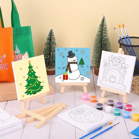 Aneco 12 Packs Mini 4 x 4 Inch Christmas Canvases for Painting with Easels Aprons Canvas Tote Bags Brushes Palettes Stretched Canvas Painting Set Xmas Painting Supplies Kit for Paint Party in Kuwait