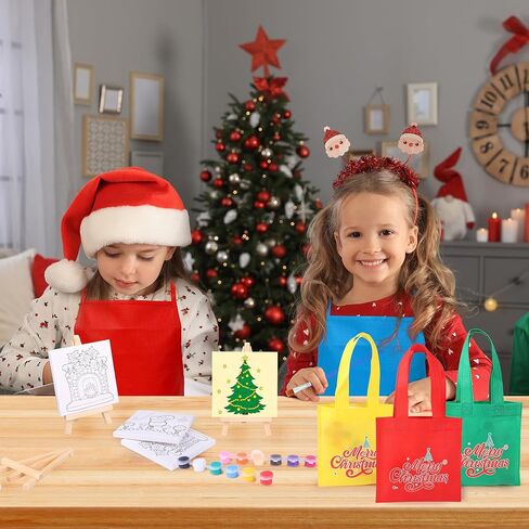 Aneco 12 Packs Mini 4 x 4 Inch Christmas Canvases for Painting with Easels Aprons Canvas Tote Bags Brushes Palettes Stretched Canvas Painting Set Xmas Painting Supplies Kit for Paint Party in Kuwait