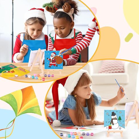 Aneco 12 Packs Mini 4 x 4 Inch Christmas Canvases for Painting with Easels Aprons Canvas Tote Bags Brushes Palettes Stretched Canvas Painting Set Xmas Painting Supplies Kit for Paint Party in Kuwait