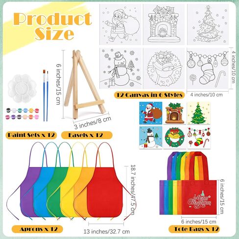 Aneco 12 Packs Mini 4 x 4 Inch Christmas Canvases for Painting with Easels Aprons Canvas Tote Bags Brushes Palettes Stretched Canvas Painting Set Xmas Painting Supplies Kit for Paint Party in Kuwait