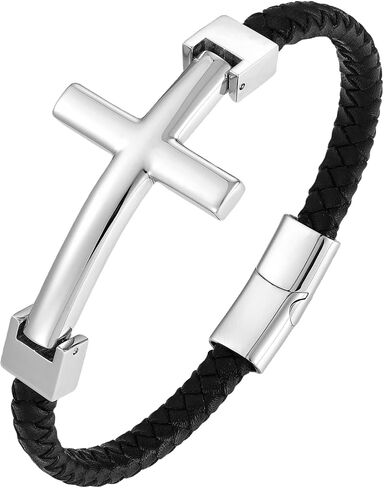 STARCHENIE Cross Bracelet for Men | Black Braided Leather Bangle Bracelets | Stainless Steel Cross Charms Mens Bracelet | Jesus Christian Religous Faith Jewelry in Saudi Arabia