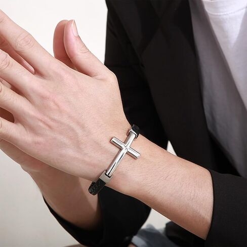 STARCHENIE Cross Bracelet for Men | Black Braided Leather Bangle Bracelets | Stainless Steel Cross Charms Mens Bracelet | Jesus Christian Religous Faith Jewelry in Saudi Arabia