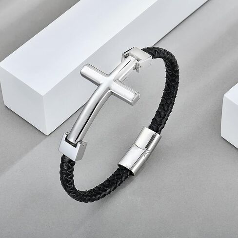 STARCHENIE Cross Bracelet for Men | Black Braided Leather Bangle Bracelets | Stainless Steel Cross Charms Mens Bracelet | Jesus Christian Religous Faith Jewelry in Saudi Arabia