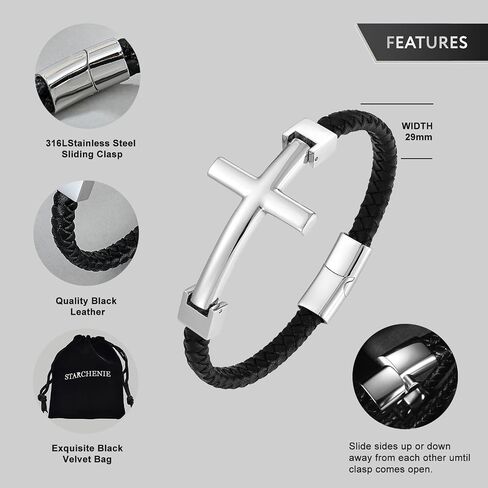 STARCHENIE Cross Bracelet for Men | Black Braided Leather Bangle Bracelets | Stainless Steel Cross Charms Mens Bracelet | Jesus Christian Religous Faith Jewelry in Saudi Arabia