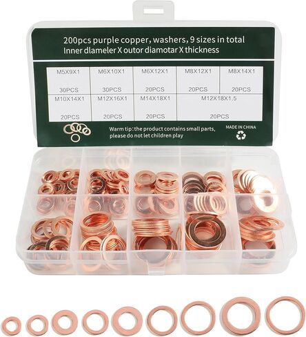 200PCS Crush Washer,Crush Washer Oil Drain Plug,Car Accessories Crush Washer Assortment,M5 M6 M8 M10 M12 M14 Metric Copper Washers,Oil Drain Plug Crush Washer,Suitable for Most Vehicles in Kuwait