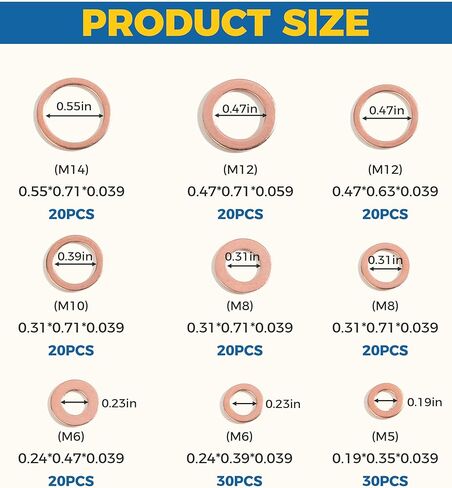 200PCS Crush Washer,Crush Washer Oil Drain Plug,Car Accessories Crush Washer Assortment,M5 M6 M8 M10 M12 M14 Metric Copper Washers,Oil Drain Plug Crush Washer,Suitable for Most Vehicles in Kuwait