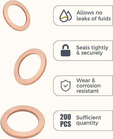 200PCS Crush Washer,Crush Washer Oil Drain Plug,Car Accessories Crush Washer Assortment,M5 M6 M8 M10 M12 M14 Metric Copper Washers,Oil Drain Plug Crush Washer,Suitable for Most Vehicles in Kuwait