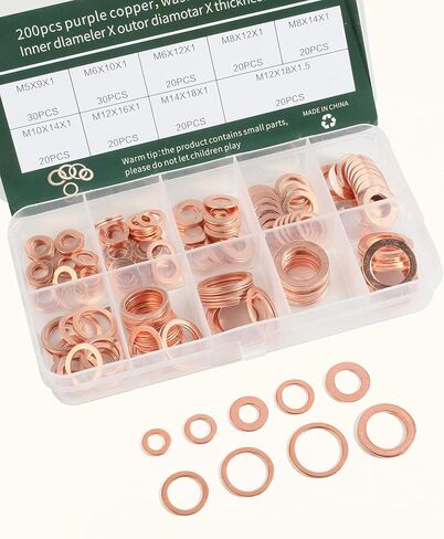 200PCS Crush Washer,Crush Washer Oil Drain Plug,Car Accessories Crush Washer Assortment,M5 M6 M8 M10 M12 M14 Metric Copper Washers,Oil Drain Plug Crush Washer,Suitable for Most Vehicles in Kuwait