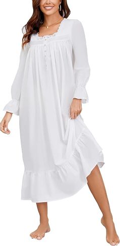 AVIIER 100% Cotton Nightgowns for Women Long Sleeve House Dress Ladies Sleepwear with Pockets in Kuwait