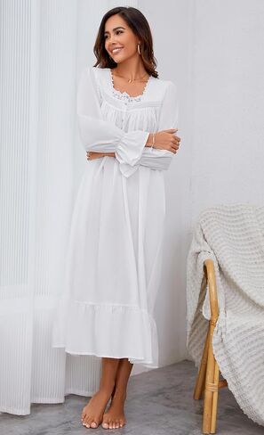 AVIIER 100% Cotton Nightgowns for Women Long Sleeve House Dress Ladies Sleepwear with Pockets in Kuwait