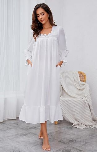 AVIIER 100% Cotton Nightgowns for Women Long Sleeve House Dress Ladies Sleepwear with Pockets in Kuwait