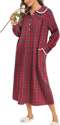 Ekouaer Womens Flannel Nightgowns Cotton Christmas Nightgown Long Sleeve House Coat with Pockets S-3XL in Saudi Arabia