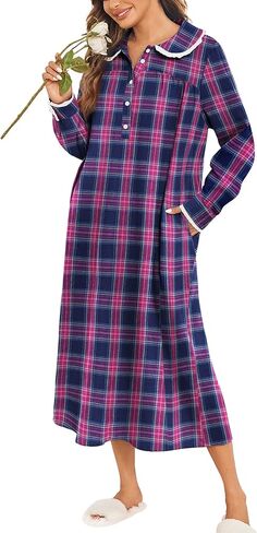 Ekouaer Womens Flannel Nightgowns Cotton Christmas Nightgown Long Sleeve House Coat with Pockets S-3XL in Saudi Arabia